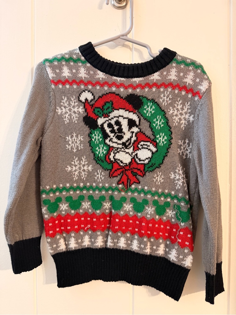 Disney Women's Gray Holiday Crewneck Sweater with Red & Green Accents